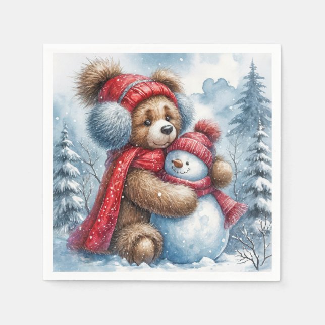 Teddy Bear umarmt einen Schneemann Serviette (Vorderseite)