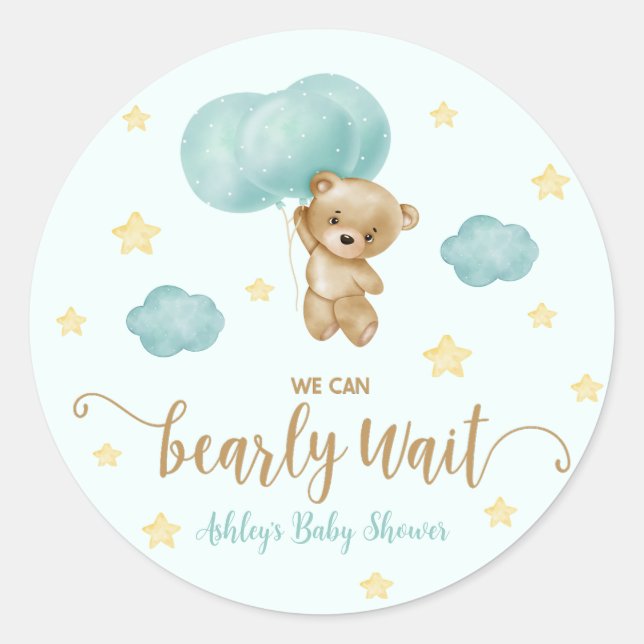 Teddy Bear und Blue Balloons Baby Dusche Gefallen Runder Aufkleber (Vorderseite)