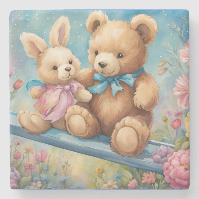 Teddy Bear und Bunny Sitzen im Garten Steinuntersetzer (Vorderseite)