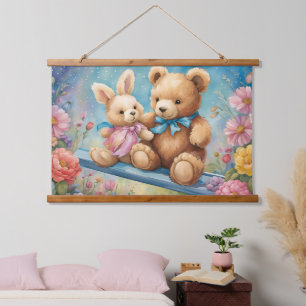 Teddy Bear und Bunny Sitzen im Garten Wandteppich Mit Holzrahmen
