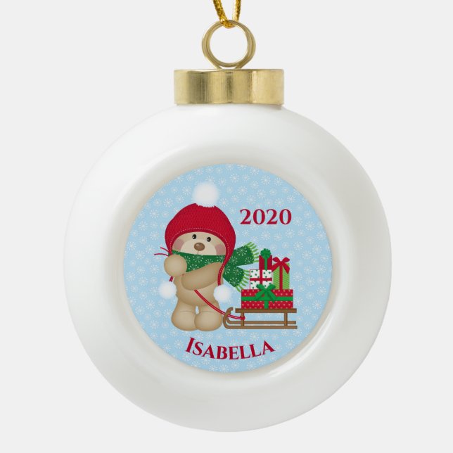 Teddy Bear und Christmas Sleigh Keramik Kugel-Ornament (Vorderseite)