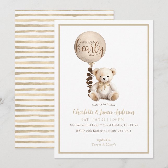 Teddy Bear und Eucalyptus Balloon Baby Show Einladung (Vorne/Hinten)