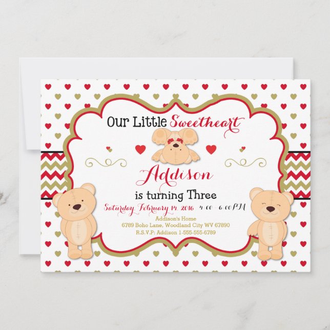 Teddy Bear Valentines Geburtstagsparty Einladung (Vorderseite)