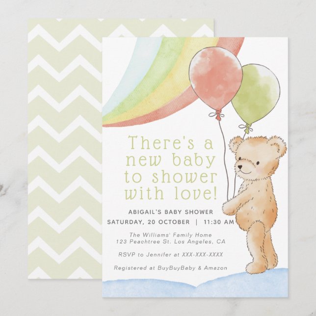 Teddy Bear/w Balloons & Rainbow Baby Showroom Einladung (Vorne/Hinten)