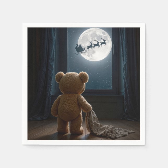 Teddy Bear Watching Santa Claus and Reindeer Serviette (Vorderseite)