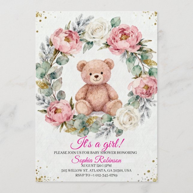 Teddy Bear Watercolor  Baby Shower Invitation (Devant)