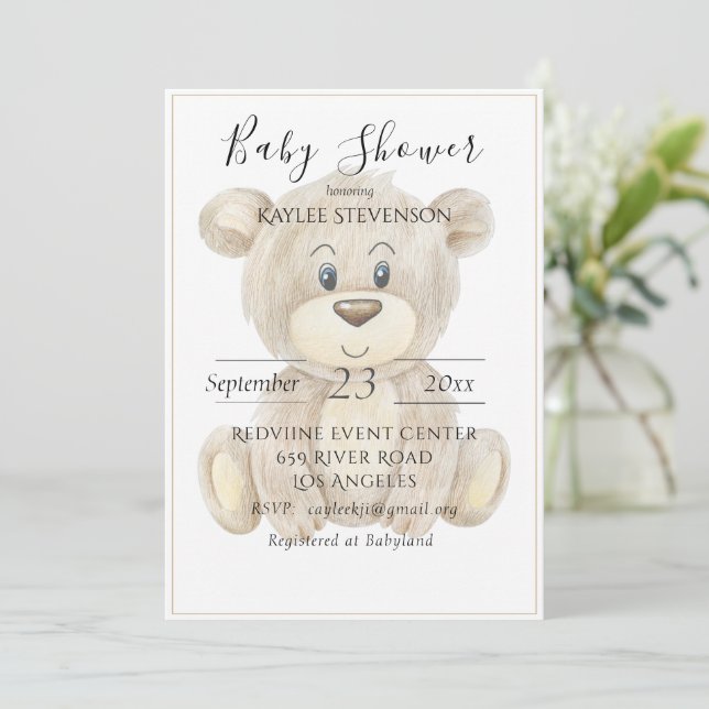 Teddy Bear Watercolor Babydusche Einladung (Stehend Vorderseite)