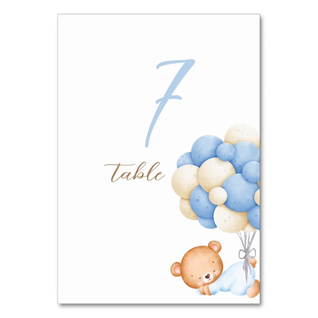 Teddy Bear Watercolor Balloons Tabelle 7 Nummernka Tischnummer (Vorderseite)