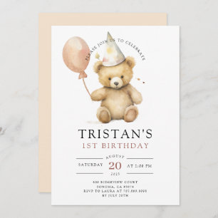Teddy Bear Watercolor Boy's 1. Geburtstag Einladung
