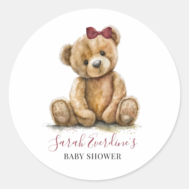 Teddy Bear Watercolor Girl Babydusche Runder Aufkleber (Vorderseite)