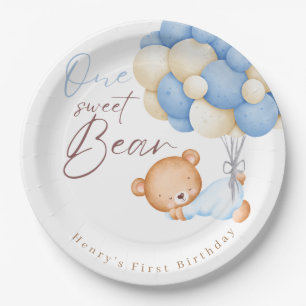 Teddy Bear Watercolor Junge 1. Geburtstag Party Pappteller