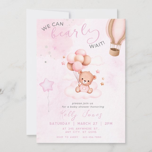 Teddy Bear Watercolor Pink Girl Babydusche Einladung (Vorderseite)