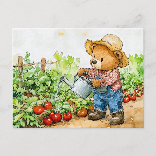 Teddy Bear Watering Tomato Plants Postkarte (Vorderseite)