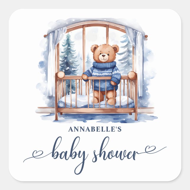 Teddy Bear Winter Boy Babydusche Quadratischer Aufkleber (Vorderseite)