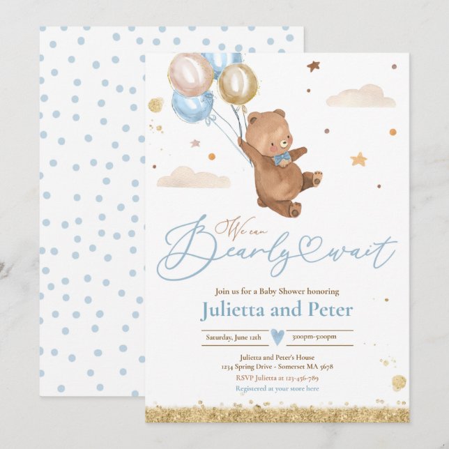 Teddy Bear wir können frühzeitig abwarten Baby Dus Einladung (Vorne/Hinten)