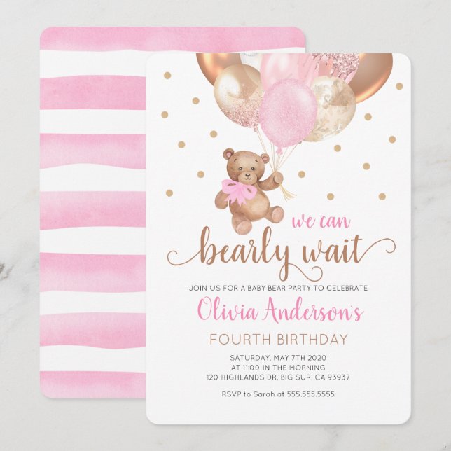 Teddy Bear wir können frühzeitig abwarten Mädchen  Einladung (Vorne/Hinten)