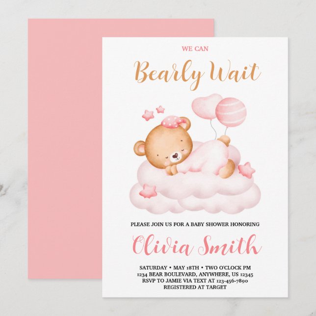 Teddy Bear wir können frühzeitig Mädchen Baby Dusc Einladung (Vorne/Hinten)
