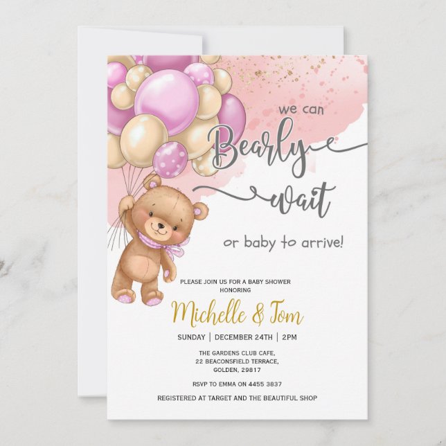 Teddy Bear wir können frühzeitig Mädchen Baby Dusc Einladung (Vorderseite)