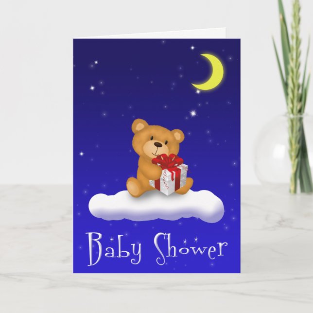 Teddy Bear with Gift - Baby Dusche Grußkarte Einladung (Vorderseite)
