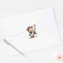 Teddy Bear with Heart Desserts Envelope Seals Quadratischer Aufkleber
