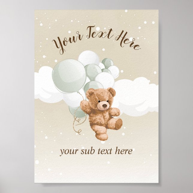 Teddy Bear with Sage Balloons Table Sign Poster (Vorne)