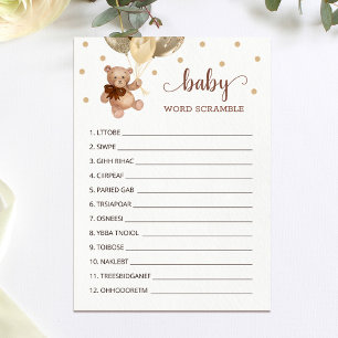 Teddy Bear Word Scramble Baby shower Carte de jeu