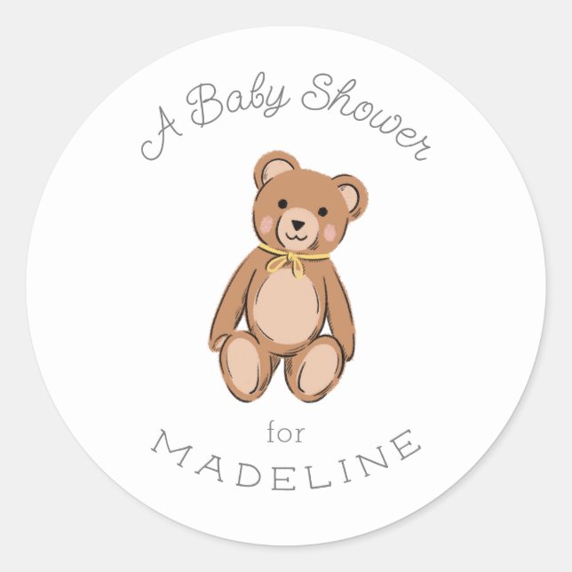 Teddy Bear Yellow Baby Dusche Runder Aufkleber (Vorderseite)