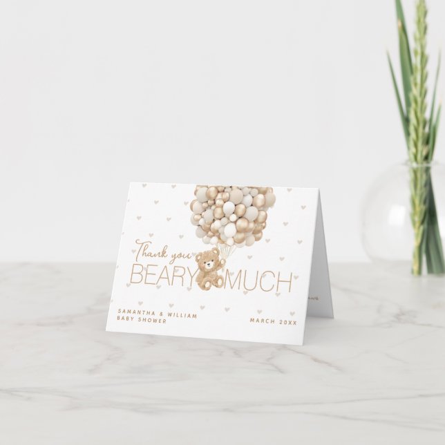 Teddy BearHeart & Balloon Babydusche Dankeskarte (Vorderseite)