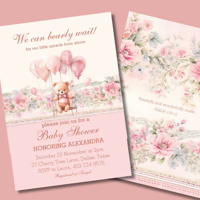 Teddy Bearly Wait Pink Christian Girl Baby Shower Einladung (Von Creator hochgeladen)