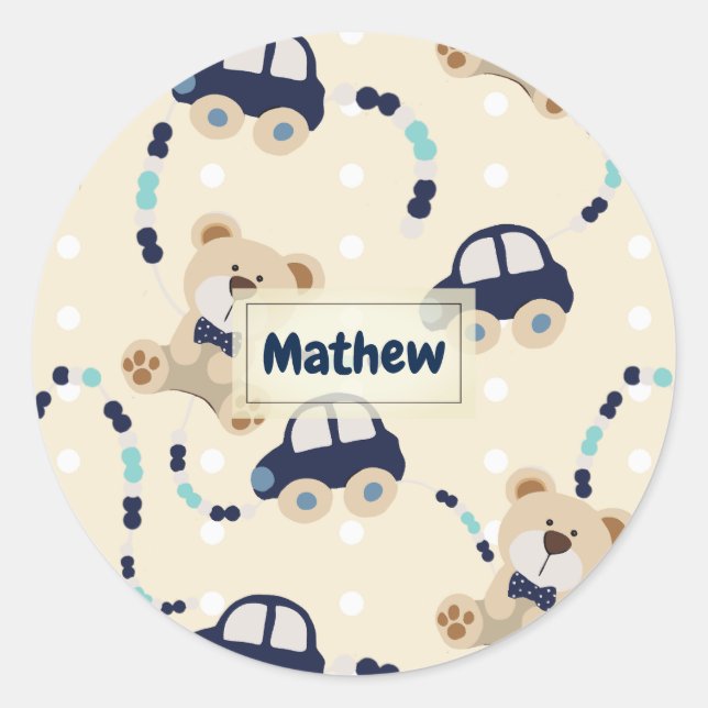 Teddy Bears and Cars Baby Boy Pattern Runder Aufkleber (Vorderseite)