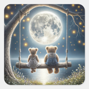 Teddy Bears auf einer Schaukel im Mondlicht Quadratischer Aufkleber