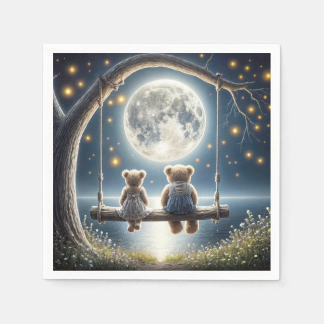 Teddy Bears auf einer Schaukel im Mondlicht Serviette (Vorderseite)