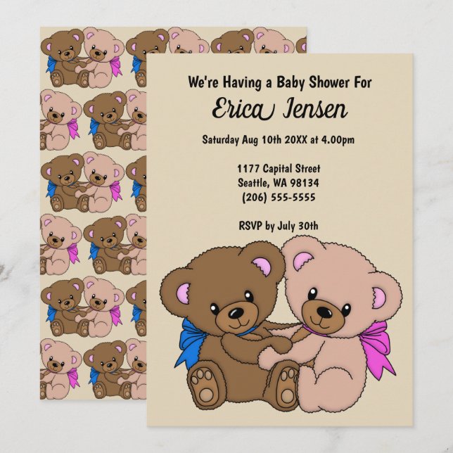 Teddy Bears Baby Dusche & Muster Einladung (Vorne/Hinten)