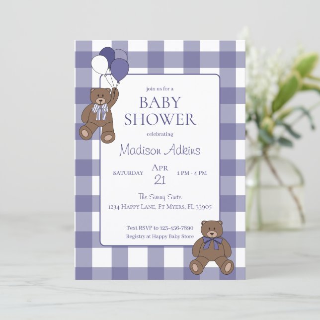 Teddy Bears Baby Girl Purple and White Baby Shower Einladung (Stehend Vorderseite)