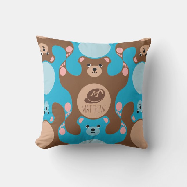Teddy Bears Braunblau Monogram Kid Outdoor Pillow Kissen Für Draußen (Vorderseite)