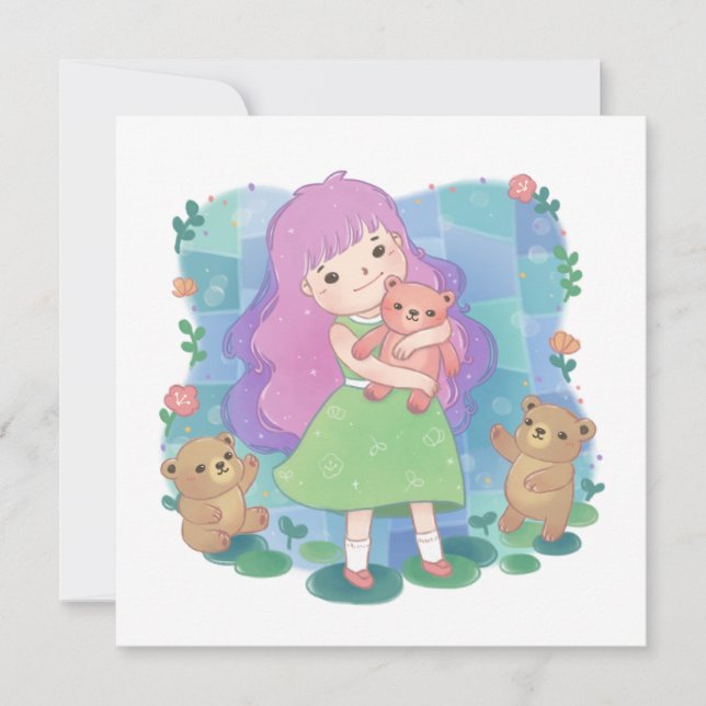 Teddy Bears & Girl Illustration Einladung (Vorderseite)