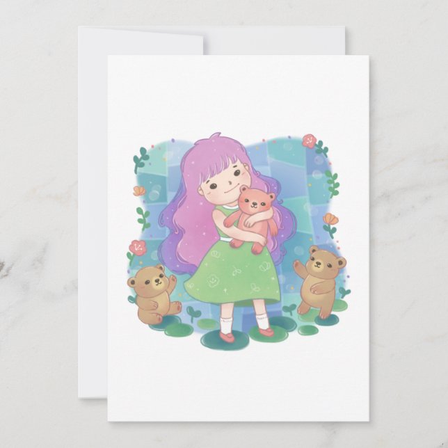 Teddy Bears & Girl Illustration Einladung (Vorderseite)