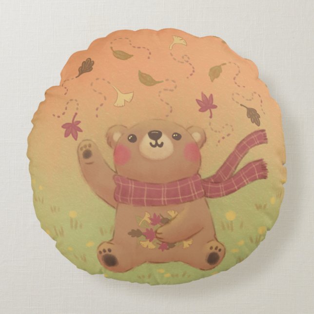 Teddy Bear's Herbst-Herbstlaub Rundes Kissen (Vorderseite)