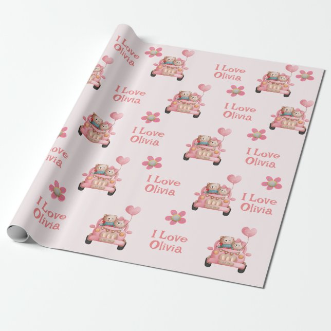 Teddy Bears in der Liebe Autofahren - Personalisie Geschenkpapier (Ungerollt)