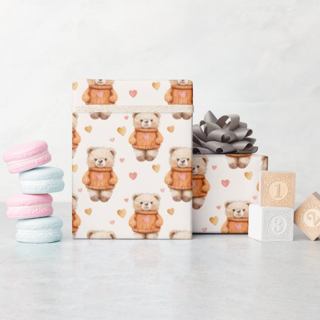 Teddy Bears in Orange Sweaters Geschenkpapier (Babyparty)