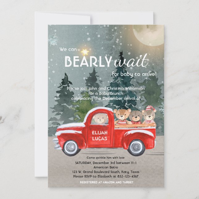Teddy Bears in Red Truck Winter Baby Dusche Einladung (Vorderseite)