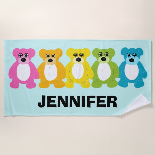 Teddy Bears in Regenbogenfarben Personalisiert Strandtuch (Vorderseite)
