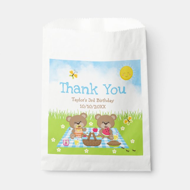 Teddy Bears Picnic Birthday Blue Gingham Vielen Da Geschenktütchen (Vorderseite)