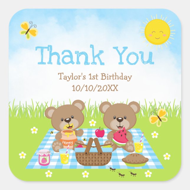 Teddy Bears Picnic Birthday Blue Gingham Vielen Da Quadratischer Aufkleber (Vorderseite)