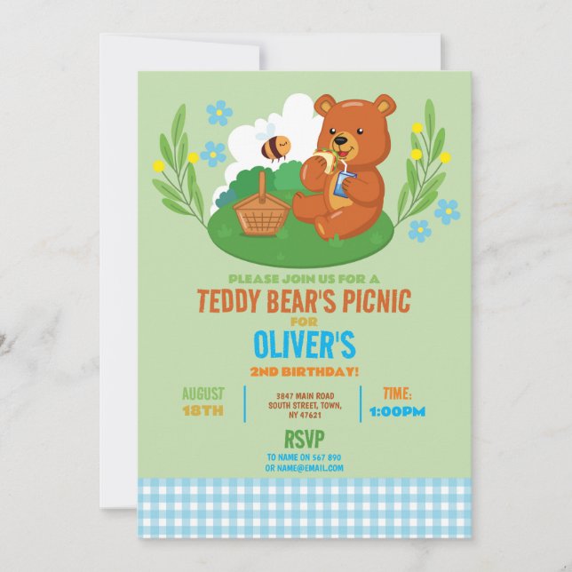Teddy Bear's Picnic Birthday Party Park Blue Einladung (Vorderseite)