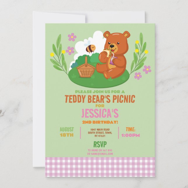 Teddy Bear's Picnic Birthday Party Park Pink Einladung (Vorderseite)