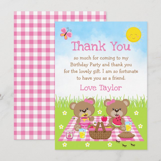 Teddy Bears Picnic Birthday Pink Gingham Dankeskarte (Vorne/Hinten)