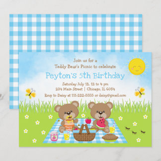 Teddy Bear's Picnic Blue Gingham Birthday Einladung