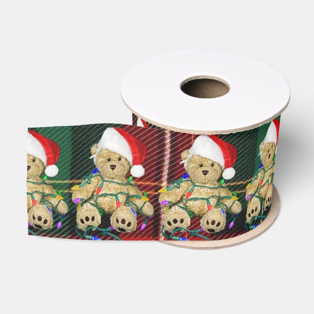 Teddy Bears Tangled In Christmas Lights On Plaid Ripsband (Spule)