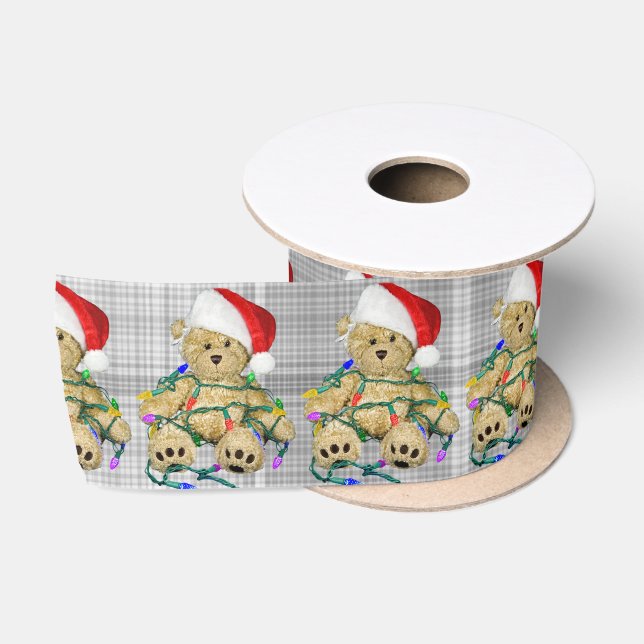 Teddy Bears Tangled In Christmas Lights On Plaid Satinband (Spule)